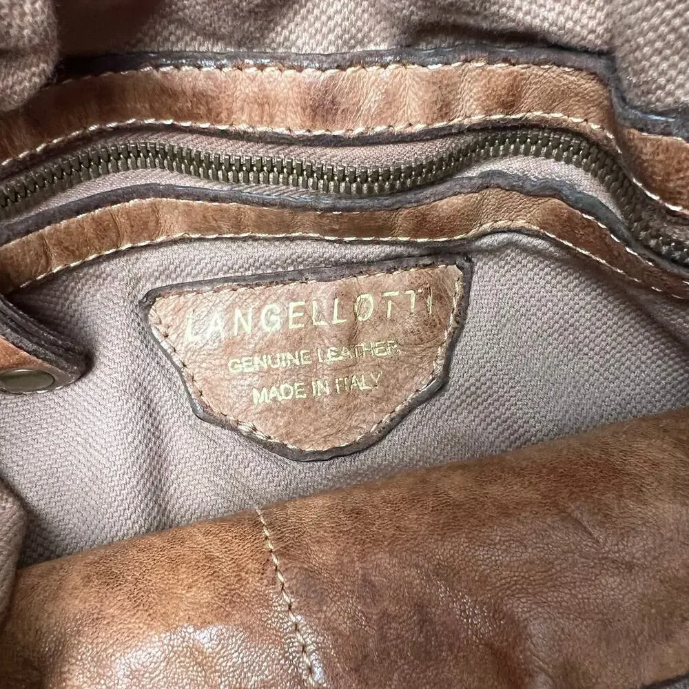 LANGELLOTTI Brown Woven Italian Leather Tote Hobo Handbag Large Distressed Boho